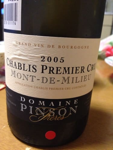 シャルドネ100%原料のフランス産辛口白ワイン「パンソン シャブリ プルミエ・クリュ モン・ド・ミリューPinson Chablis 1er Cru Mont-De-Milieu」from ワインコレクション記録WebサービスWineFile