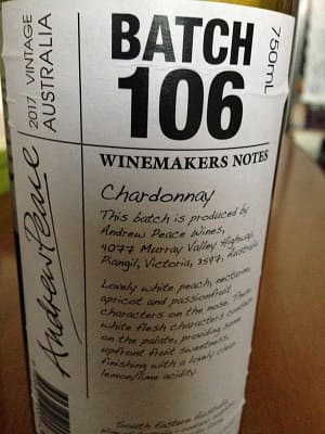 シャルドネ100%原料のオーストラリア産辛口白ワイン「ワインメーカーズ ノート シャルドネ バッチ 106 2017(Winemakers Notes Chardonnay Batch 106)」from ワインコレクション記録WebサービスWineFile
