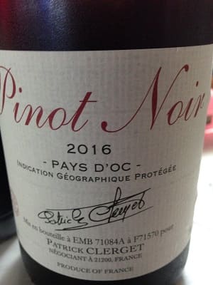 ピノ・ノワール100%原料のフランス産辛口赤ワイン「パトリック・クレルジェ ピノ・ノワール ペイ・ドック(Patrick Clerget Pinot Noir Pays d'oc)」from ワインコレクション共有WebサービスWineFile